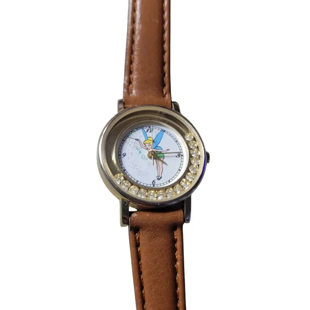 DISNEY Children's‎ Watch Tinker Bell Crystal Round Face Brown Band New Works